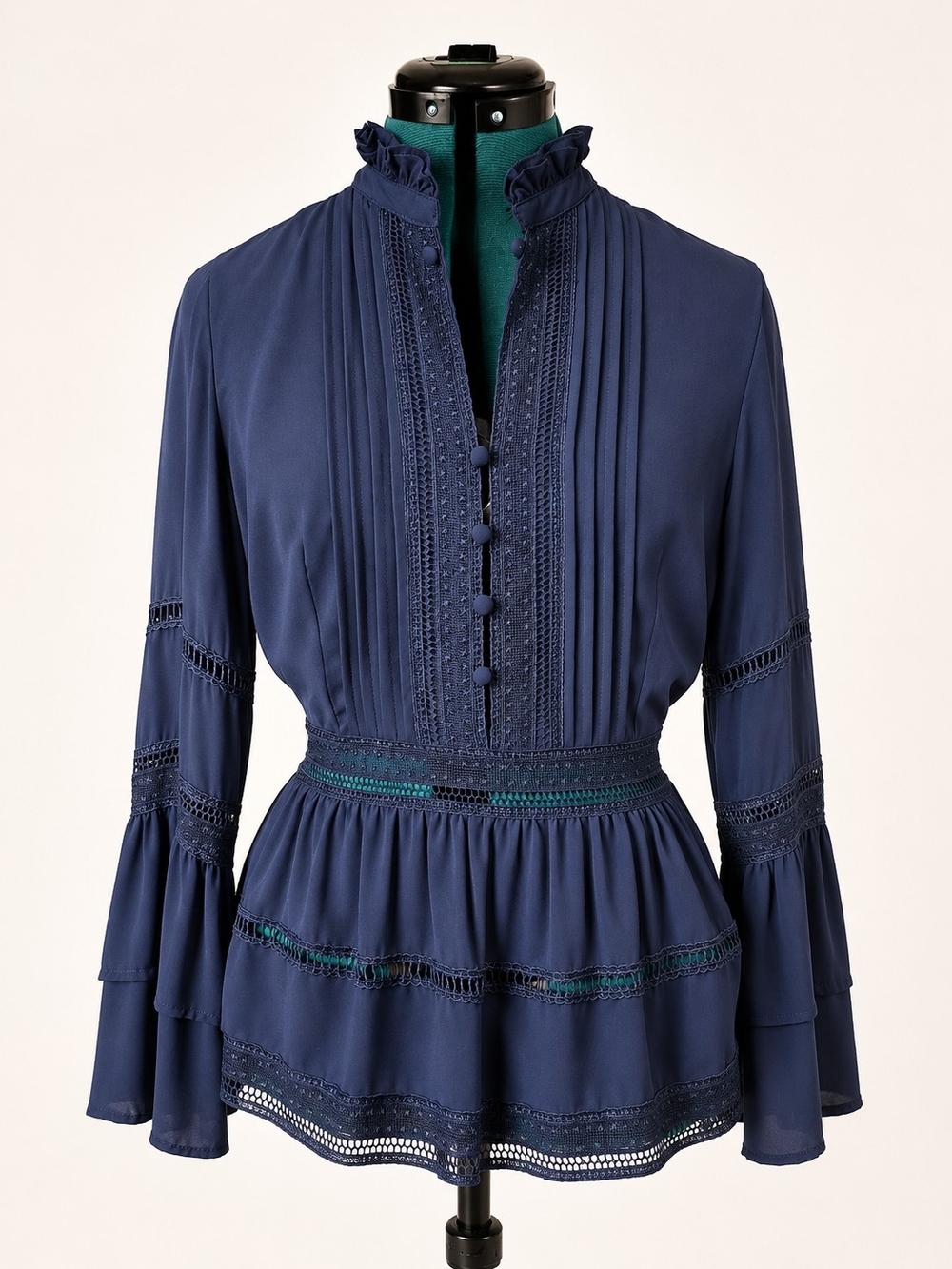 Women's Navy Lace-Trim Peplum Blouse - Classic Feminine Top